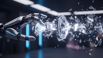 A robotic hand touches a geometric transparent shape, breaking it into fragments