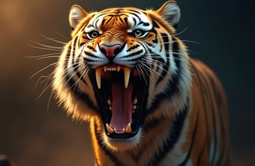 Fototapeta premium Tiger roars showing its sharp teeth, large fangs. This powerful predator with orange, black stripes has yellow eyes, white whiskers. Wildlife photo capture of fierce jungle cat during daytime.