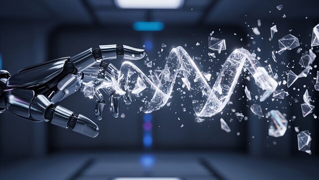 Robot hand touching a digital glowing DNA strand, shattering crystal, futuristic scene - Powered by Adobe