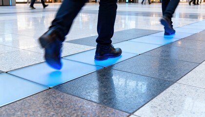Obraz premium Closeup medium shot of footsteps activating pressuresensitive floors in a commercial plaza showcasing innovative energy harvesting technology.