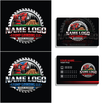 Stump grinding and removal logo design. Tree cutting service logo template. Stump Grinder vector illustration