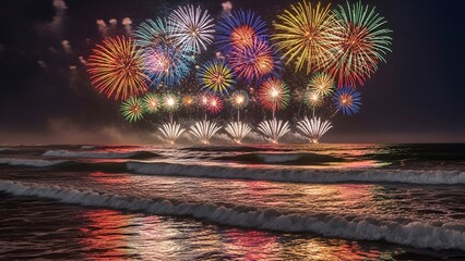 Colorful fireworks burst over the ocean, reflecting in the water, a beautiful night spectacle