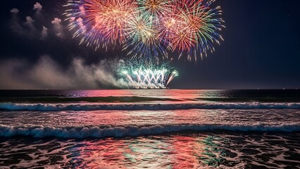 Colorful fireworks burst over ocean waves, reflecting in the wet sand, night sky