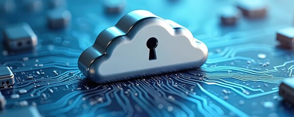 Silver cloud icon with black keyhole rests on glowing blue circuit board. Visual represents secure cloud computing, data protection, digital network privacy. Illustrates modern cybersecurity