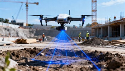 Medium shot of robotic surveying drone scanning a construction area with laser sensors enabling precise site measurements and efficient planning.