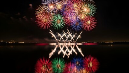 Colorful fireworks burst across a black night sky, reflecting on calm water below