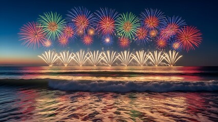 Spectacular fireworks burst over a tranquil ocean at dusk, reflecting in the wet sand and waves