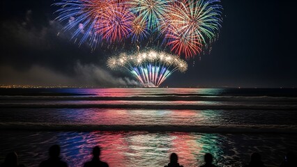 Stunning fireworks display explodes over a calm ocean reflecting the vibrant colors. Spectators watch