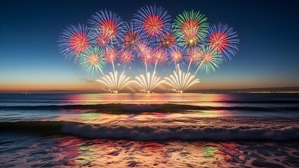 Colorful fireworks display over calm ocean waves reflecting the dazzling lights at dusk