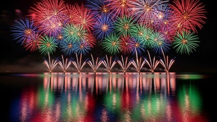 Spectacular colorful fireworks exploding over calm water, reflecting vibrant lights at night