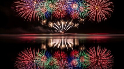 Colorful pyrotechnics explode across a dark night sky reflected in tranquil waters. Fireworks cascade
