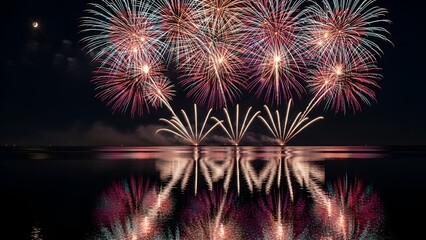Stunning display of colorful pyrotechnics reflecting on the water at night