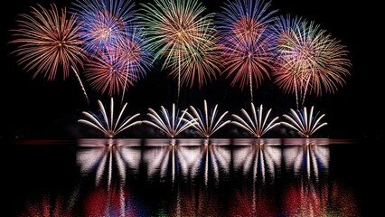 Spectacular, colorful fireworks display reflecting in still water against a dark night sky (1)