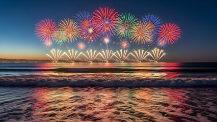 Colorful fireworks burst over ocean waves at dusk, illuminating the water and the night sky