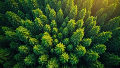 Fototapeta premium Aerial view shows green forest trees. Concept of eco, nature conservation, sustainable forest, carbon footprint reduction. Protection of woods, trees from above. Perfect background with woodland
