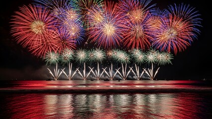 Stunning pyrotechnics light up the night sky over water, mirrored by vibrant reflections below