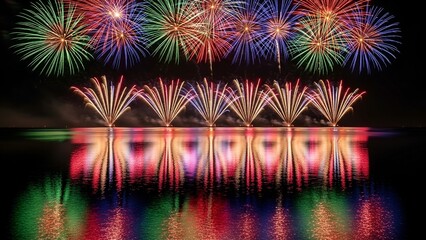 Colorful fireworks burst across a black night sky, reflecting in tranquil water below