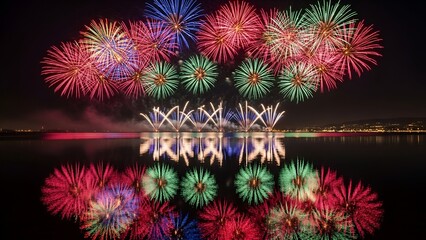 Colorful pyrotechnics exploding over serene water, reflecting the vibrant display
