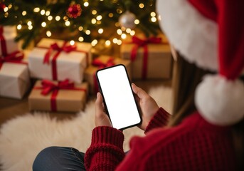 An over-the-shoulder view of a woman wearing a Santa hat and red sweater, holding a smartphone with a blank white screen, sitting in front of a decorated Christmas tree with glowing lights and a pile