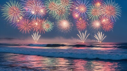 Spectacular fireworks burst over ocean waves, reflecting in the water during twilight