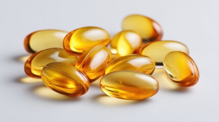Close-up of omega-3 fish oil capsules on a white surface