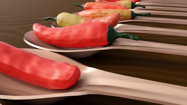 3d animated illustration features chili peppers on wooden spoon, visualization a spicy food