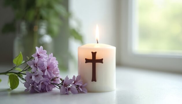 Candle burns near flowers, green plant. Lighted candle with cross for christian faith. Religion background with holy cross. Concept of prayer, hope, love, devotion for Lent period. Easter celebration