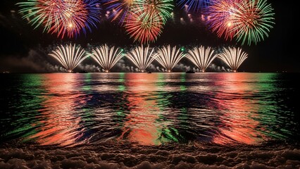 Stunning display of colorful fireworks exploding over a body of water at night, reflected