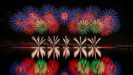 Dazzling night sky display over water with vibrant color bursts and reflections