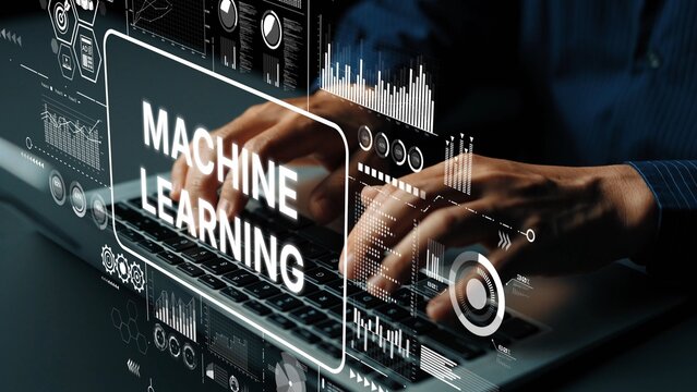 Futuristic Technology Concept with Hands Typing on Laptop and Machine Learning Graphics Overlay. Asymptotic smart data analytic.