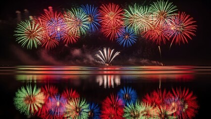 Spectacular, colorful pyrotechnics illuminate a still body of water, reflected vividly below