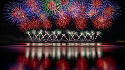 Colorful firework display over calm water, reflecting lights in vibrant hues, dark night sky