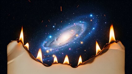 Surreal digital artwork, burning paper revealing galaxy's stunning spiral form with sparks