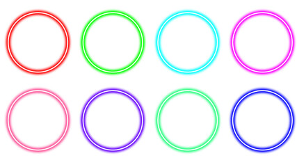 Set of eight colorful glowing neon rings or circular frames isolated on a white background.