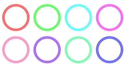 Set of eight colorful glowing neon rings or circular frames isolated on a white background.