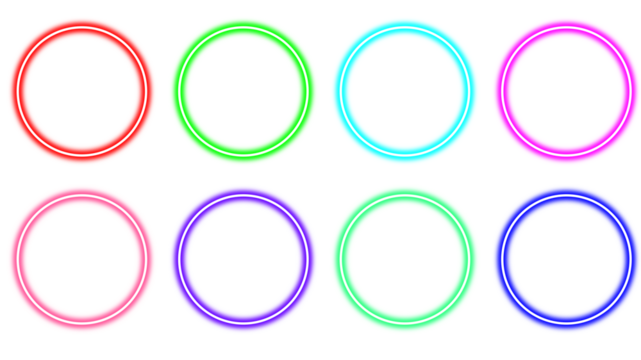 Set of eight colorful glowing neon rings or circular frames isolated on a white background.