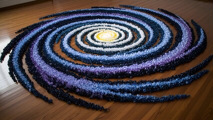 A stunning handmade textile spiral galaxy on wooden floor, vibrant colors & textures