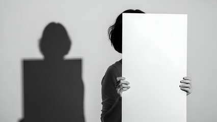 A person, holding a blank rectangular sign, stands before a wall, casting a shadow