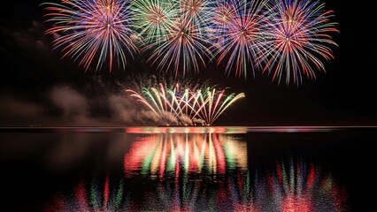 Stunning aerial display of colorful pyrotechnics reflecting on dark waters at night