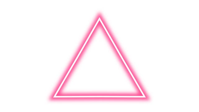 A luminous pink neon triangle sign with a bright glow isolated on a plain white background.
