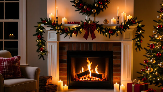 Fireplace mantle decorated with garlands and candles cozy holiday atmosphere