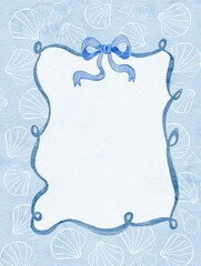 Vintage Blue Nautical Frame with Bow and Seashell Silhouette Background. 