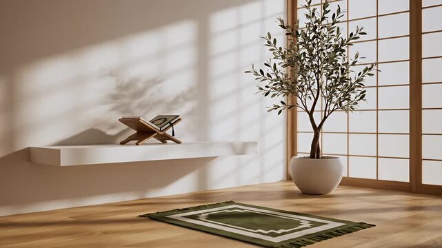 Serene Islamic Prayer Room with Natural Light and Plant.