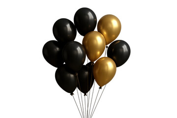 Bunch of gold and black balloons floating, signifying celebration, party, new year, and special event, transparent background