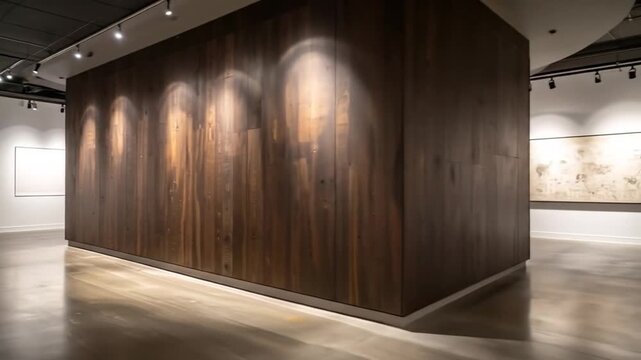 Modern Art Gallery Interior With Dark Wood Exhibit Space Spotlights Illuminating Wall Texture and Large Abstract Painting In Background