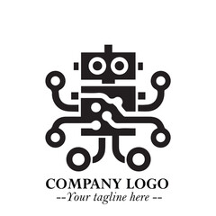 Circuit Robot Logo Symbol in Black on the White Background with Futuristic Tech Design
