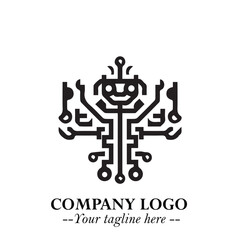 Circuit Robot Logo Symbol in Black on the White Background with Futuristic Tech Design
