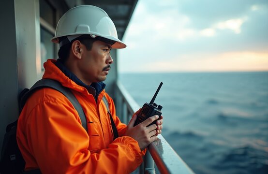 Asian deck officer on vessel uses VHF radio to communicate. Man wears protective helmet, orange uniform. Seaman works on sea. Professional mariner looks at ocean horizon wearing safety equipment.