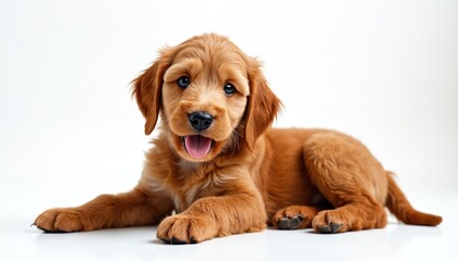 Adorable Labradoodle puppy rests on white surface. The fluffy brown dog has open mouth with pink tongue. Cute pet looks directly at the camera in a studio photo.