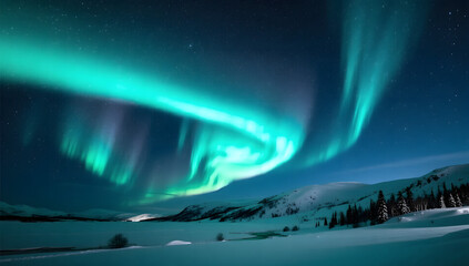 Winter night sky with northern lights over a snow covered landscape ethereal glow